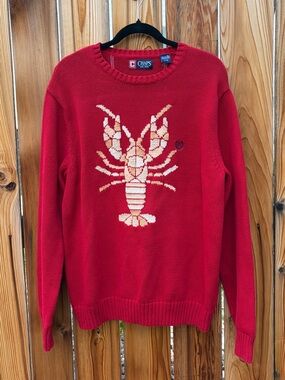 HAND EMBROIDERED LOBSTER SWEATER RED L UPCYCLED OOAK KNITTYLIFE COASTAL PREPPY